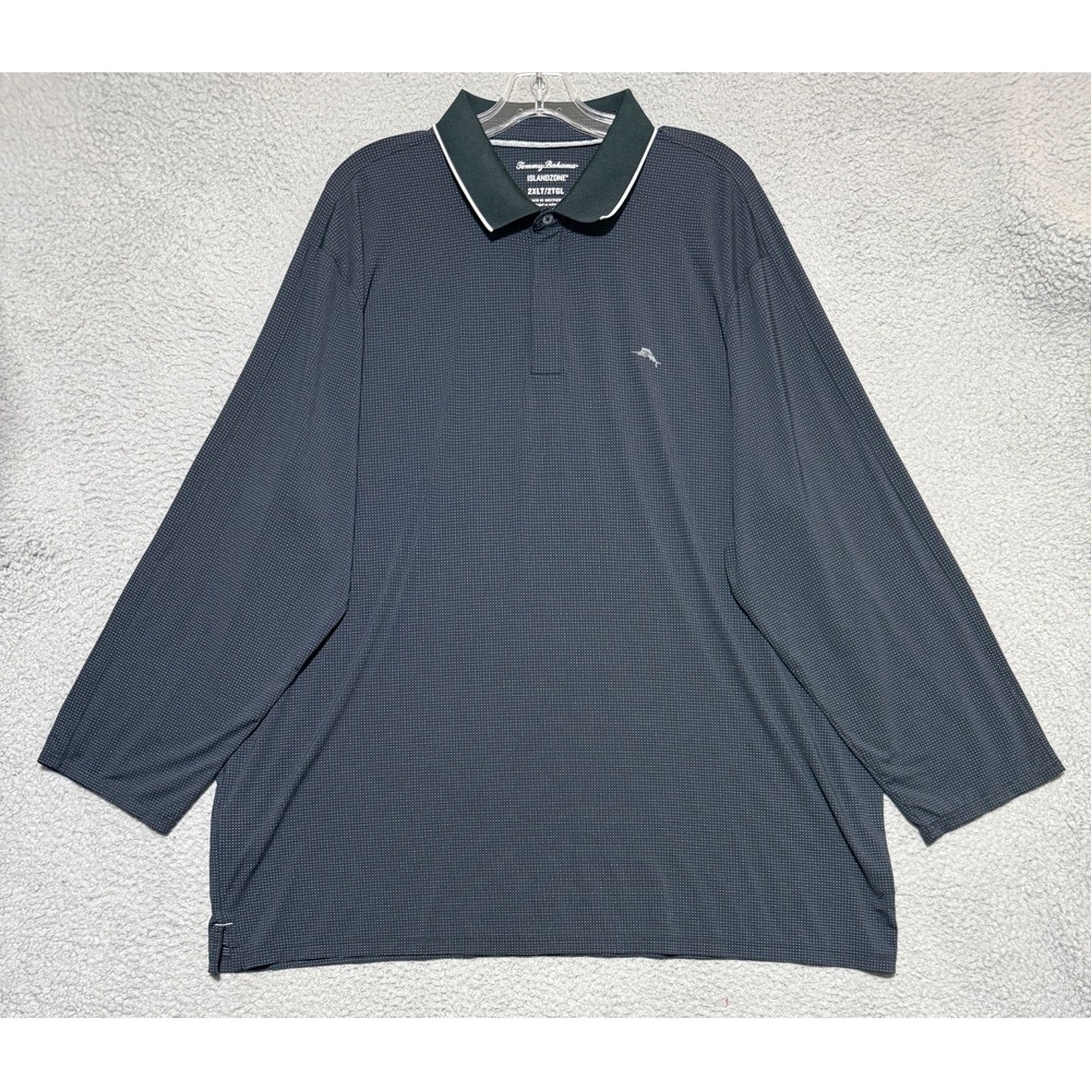 Tommy Bahama IslandZone Polo Shirt Mens 2XLT Tall Black Micro Dot Long Sleeve